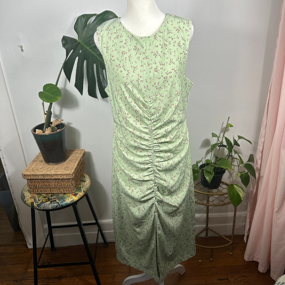 Love Whit Midi Dress Womens M Green Excellent Floral Ruched Open‎ Back Slit